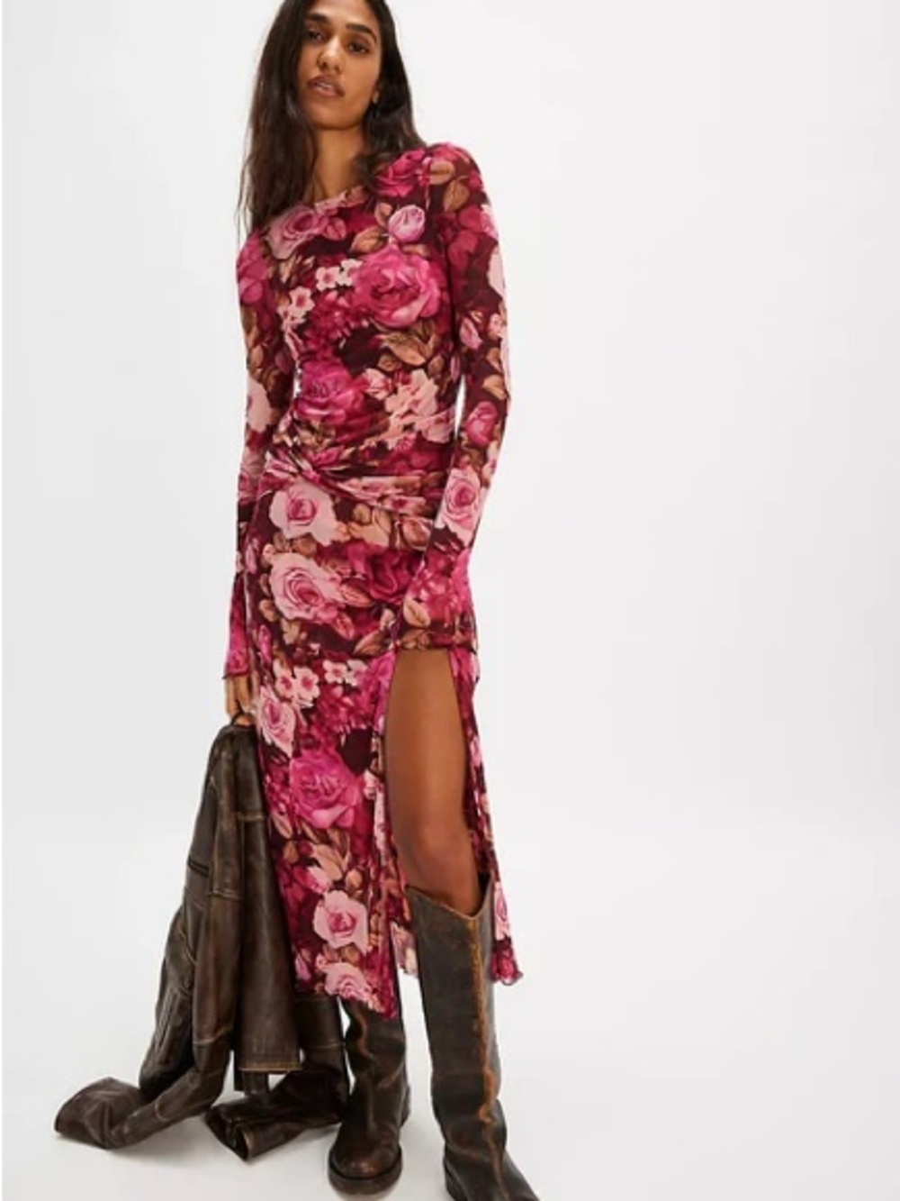 Free People Rose Print Magenta & Pink Long-Sleeve Mesh Gianni Midi Dress NWT